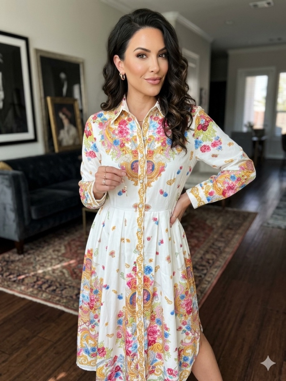 NWOT Karolina White Button-Front Floral Scrolled Midi Dress Large
